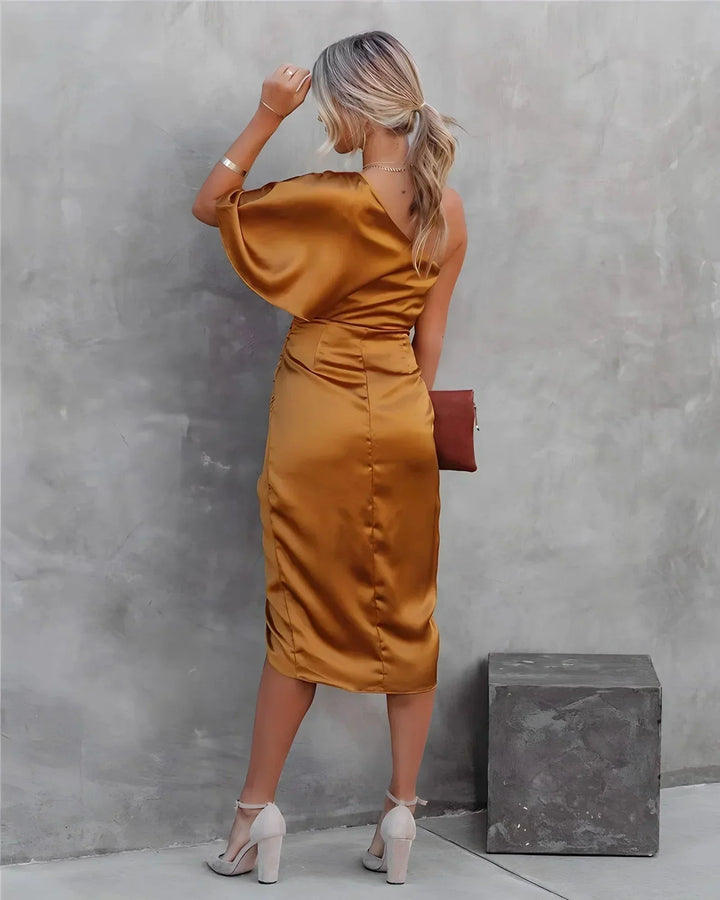 Women's One Shoulder Midi Dress with Ruched Detail and Thigh Split