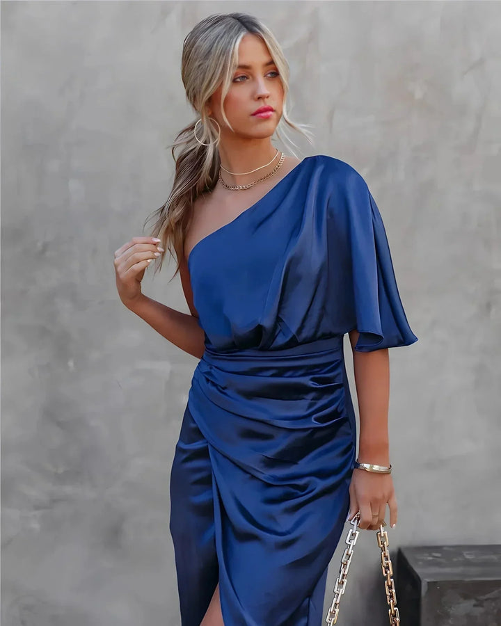 Women's One Shoulder Midi Dress with Ruched Detail and Thigh Split