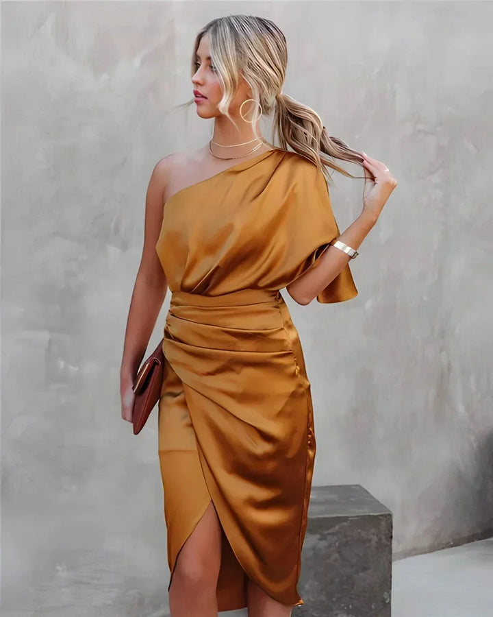 Women's One Shoulder Midi Dress with Ruched Detail and Thigh Split