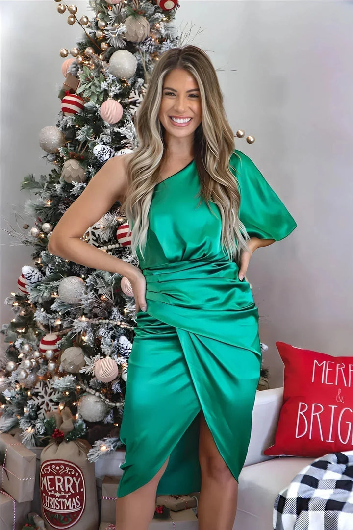 Women's One Shoulder Midi Dress with Ruched Detail and Thigh Split