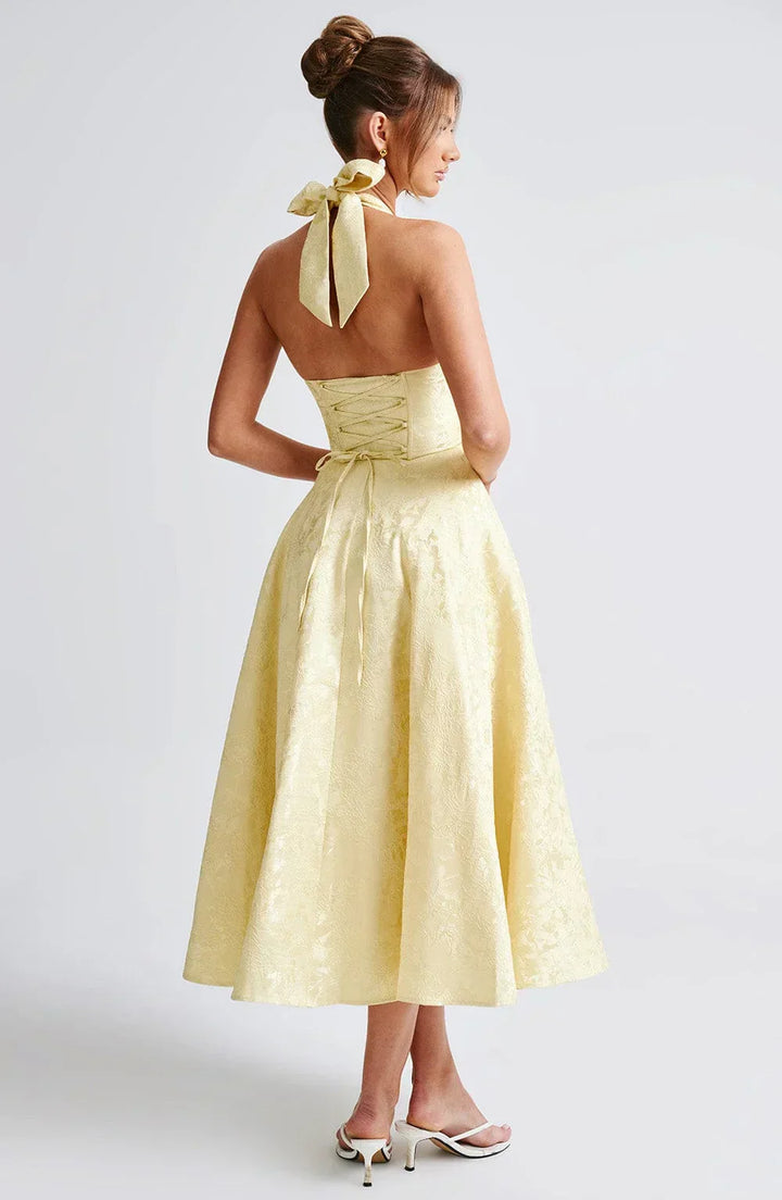 Women's Wedding Guest Midi Dress with Backless Design and Flared Skirt