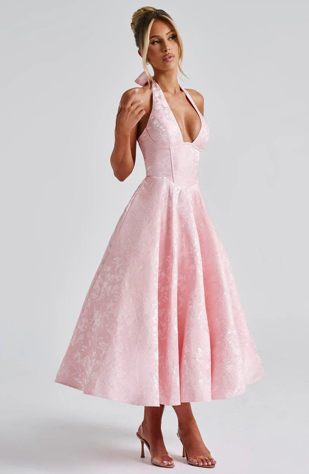 Women's Wedding Guest Midi Dress with Backless Design and Flared Skirt