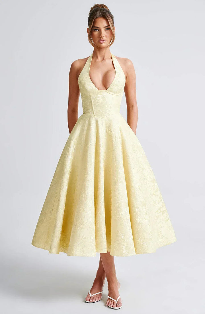 Women's Wedding Guest Midi Dress with Backless Design and Flared Skirt