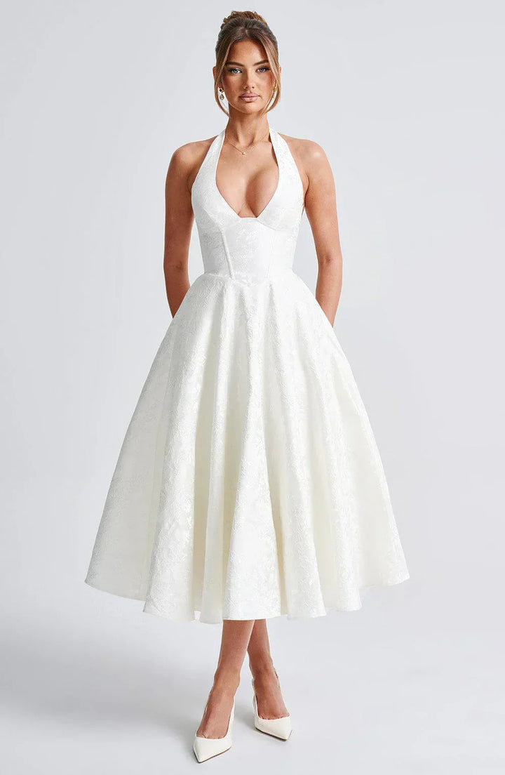 Women's Wedding Guest Midi Dress with Backless Design and Flared Skirt
