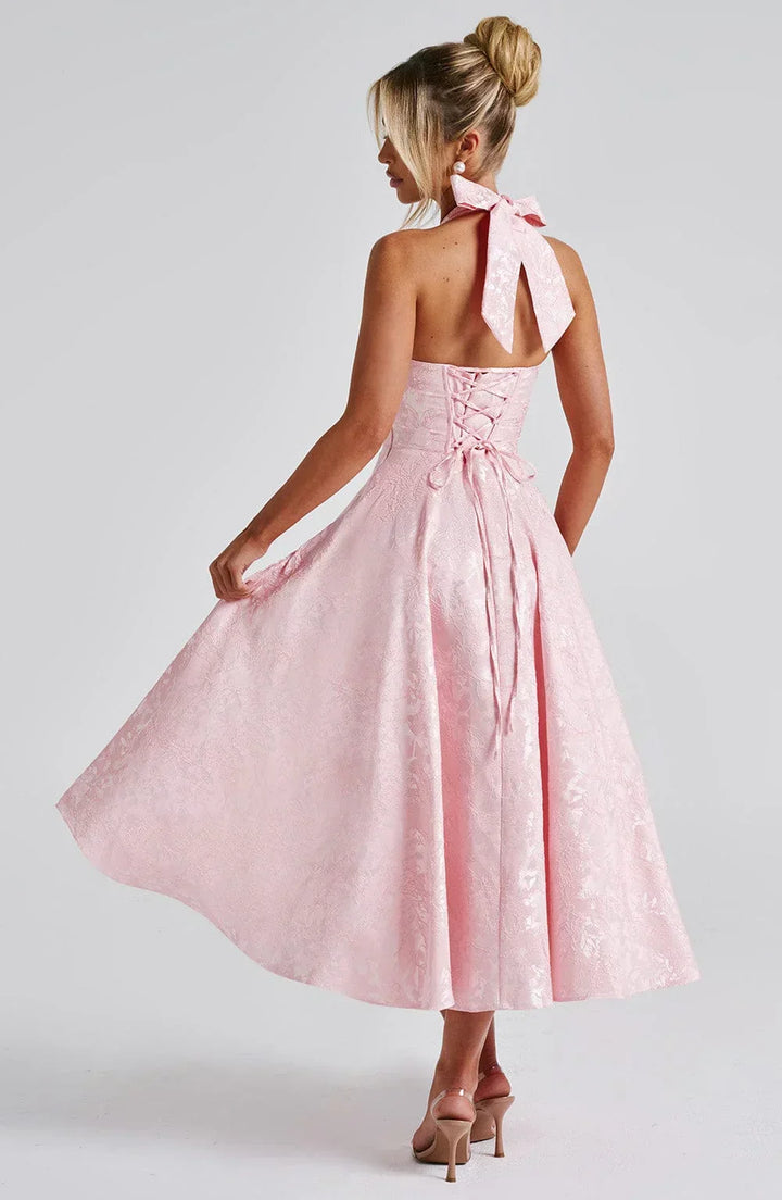 Women's Wedding Guest Midi Dress with Backless Design and Flared Skirt