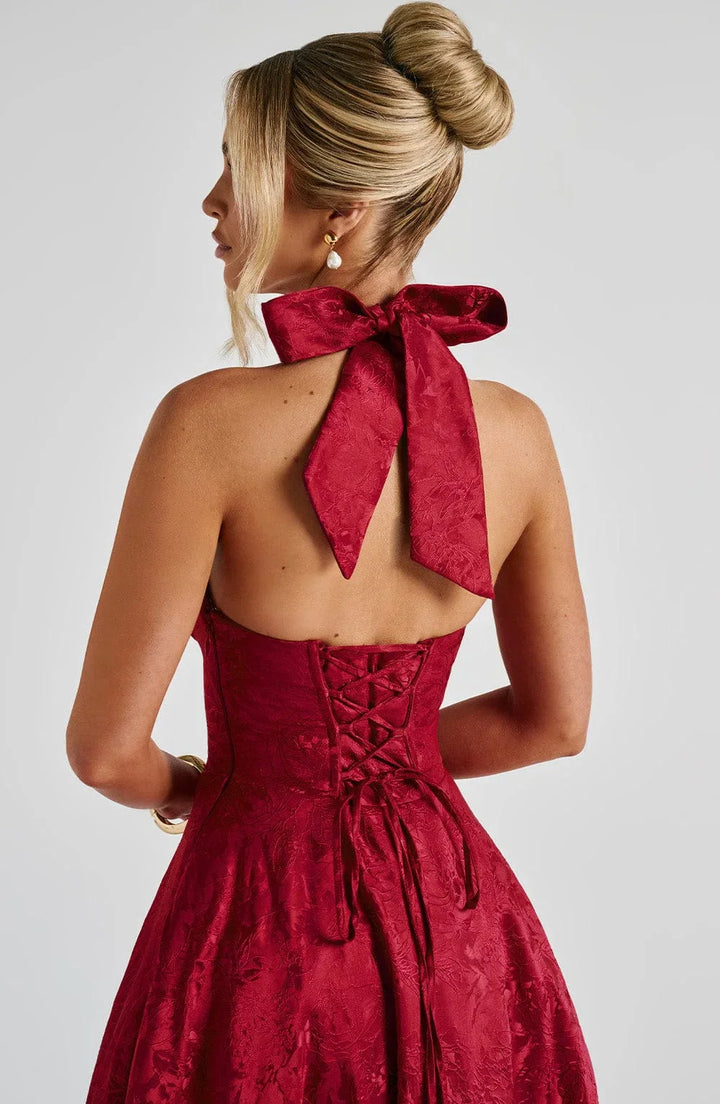 Women's Wedding Guest Midi Dress with Backless Design and Flared Skirt