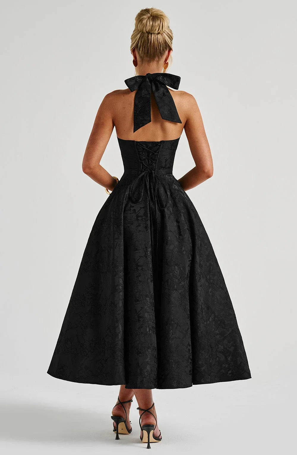 Women's Wedding Guest Midi Dress with Backless Design and Flared Skirt
