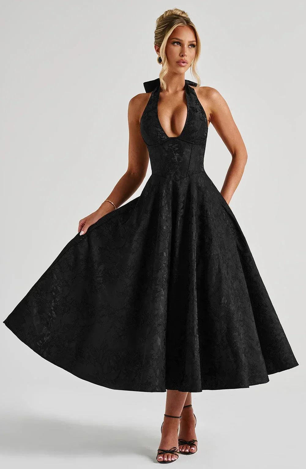 Women's Wedding Guest Midi Dress with Backless Design and Flared Skirt