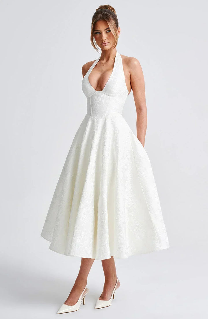 Women's Wedding Guest Midi Dress with Backless Design and Flared Skirt