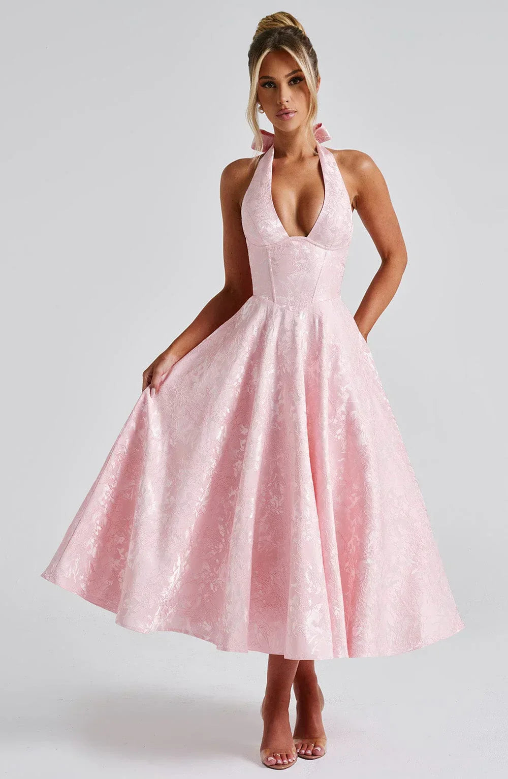 Women's Wedding Guest Midi Dress with Backless Design and Flared Skirt