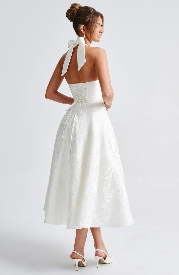 Women's Wedding Guest Midi Dress with Backless Design and Flared Skirt