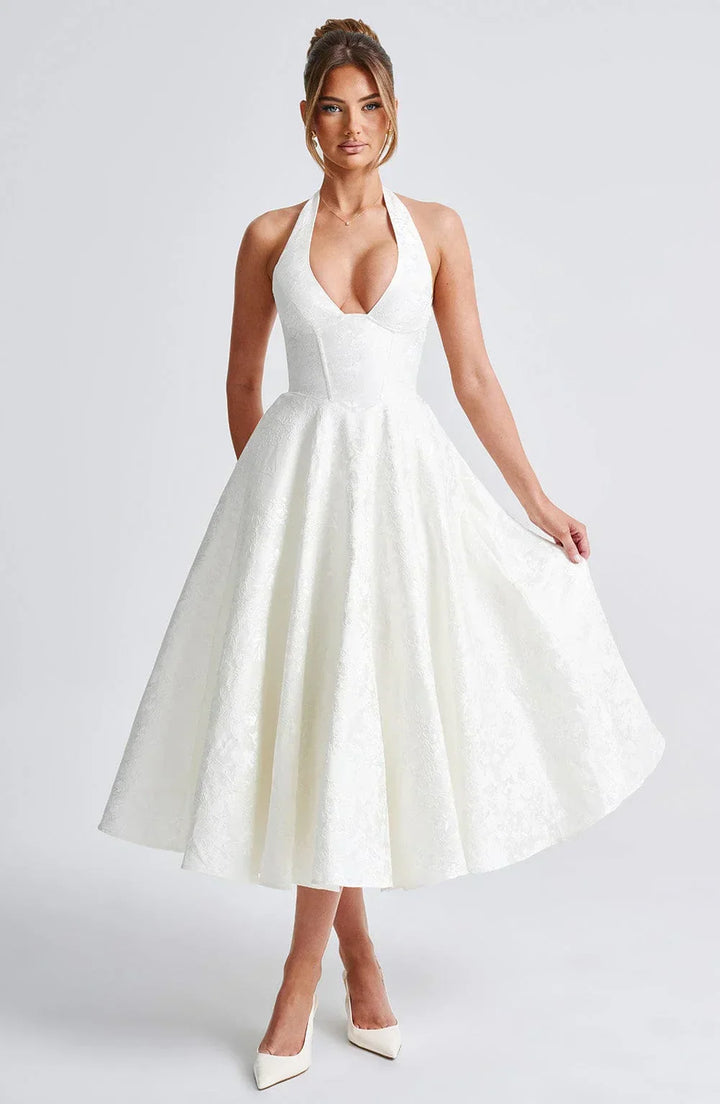 Women's Wedding Guest Midi Dress with Backless Design and Flared Skirt