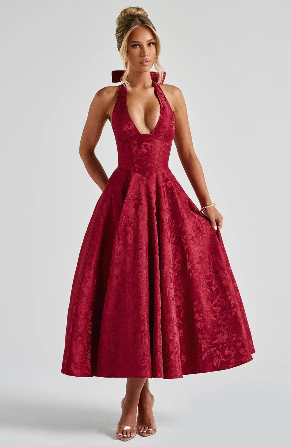 Women's Wedding Guest Midi Dress with Backless Design and Flared Skirt