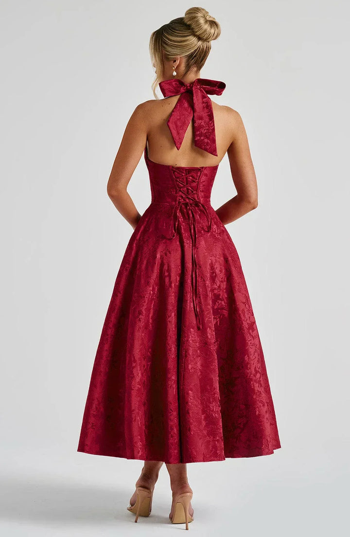 Women's Wedding Guest Midi Dress with Backless Design and Flared Skirt