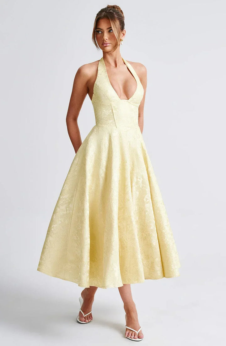 Women's Wedding Guest Midi Dress with Backless Design and Flared Skirt