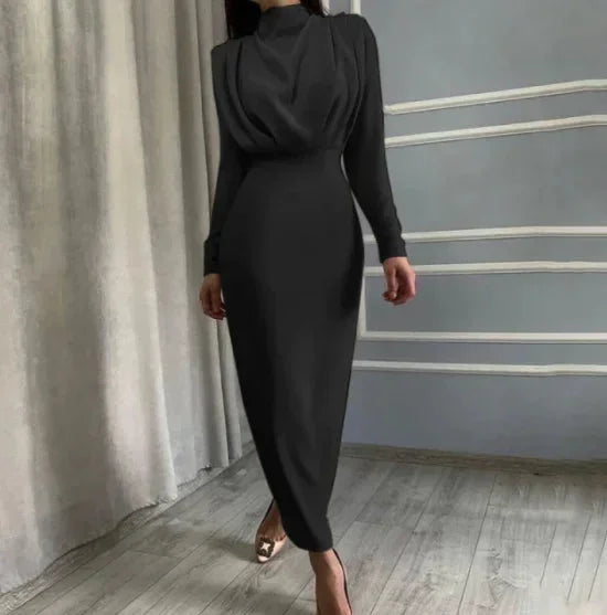 Women's High Neck Midi Dress with Ruched Waist and Long Sleeves
