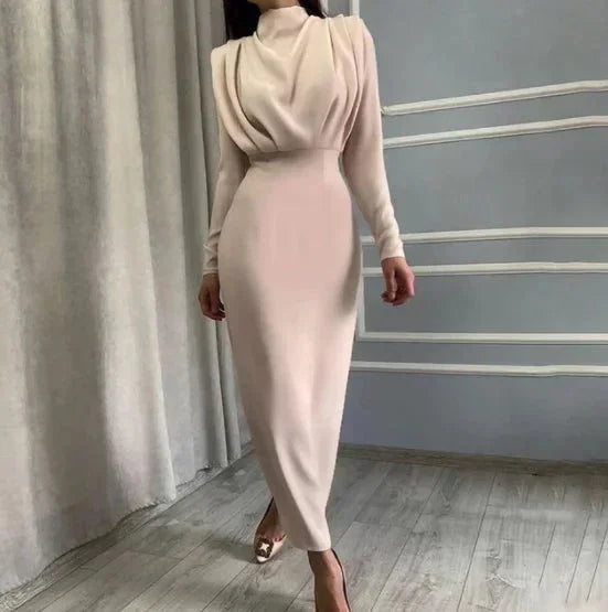 Women's High Neck Midi Dress with Ruched Waist and Long Sleeves