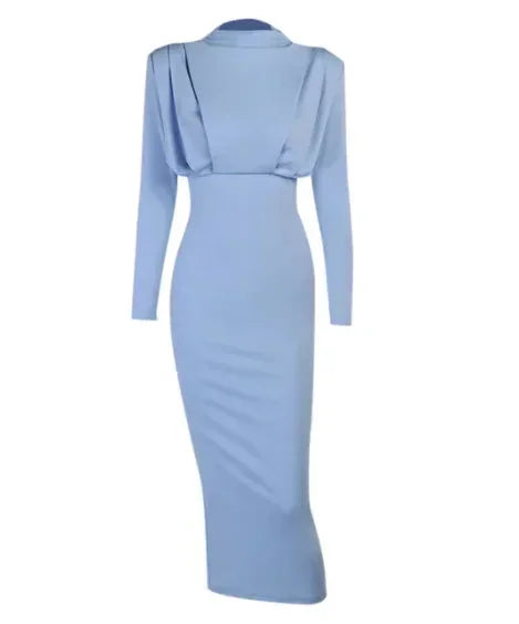 Women's High Neck Midi Dress with Ruched Waist and Long Sleeves