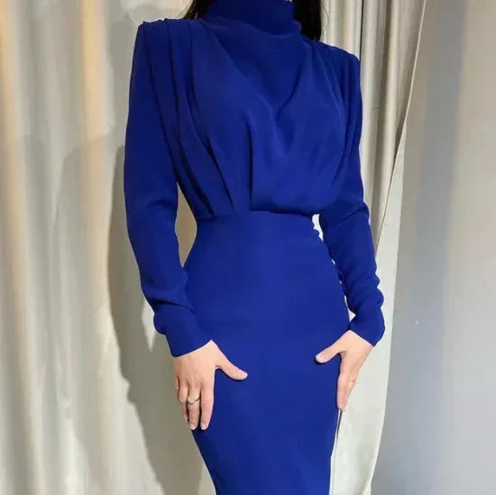 Women's High Neck Midi Dress with Ruched Waist and Long Sleeves