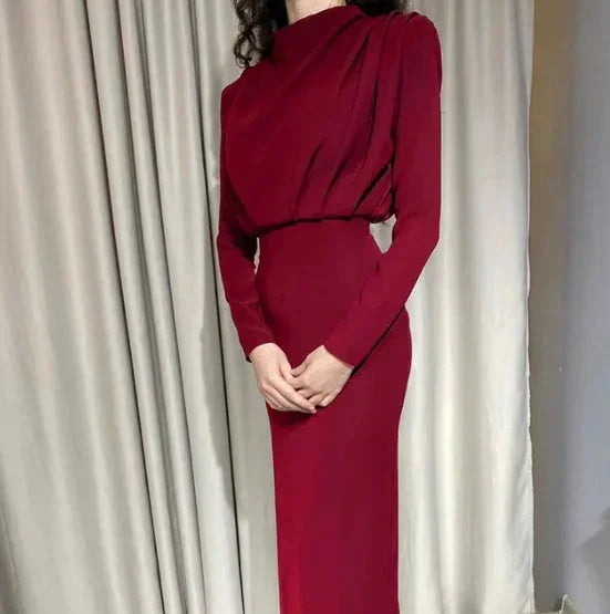 Women's High Neck Midi Dress with Ruched Waist and Long Sleeves