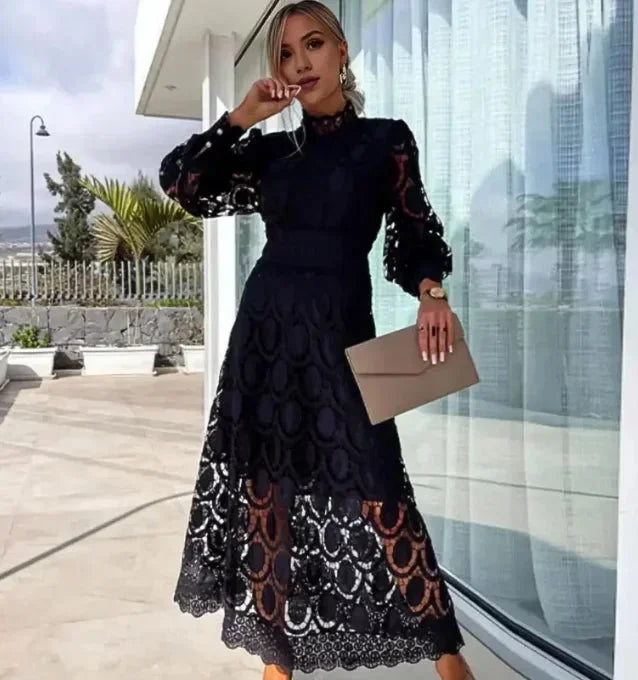 Women's Lace Midi Dress with Long Sleeves and Flared Skirt