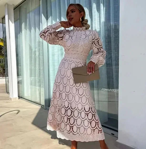 Women's Lace Midi Dress with Long Sleeves and Flared Skirt