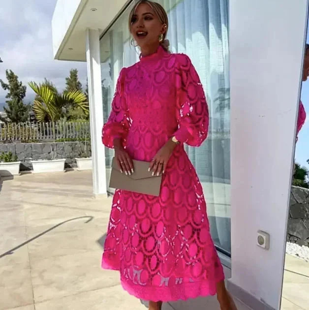 Women's Lace Midi Dress with Long Sleeves and Flared Skirt