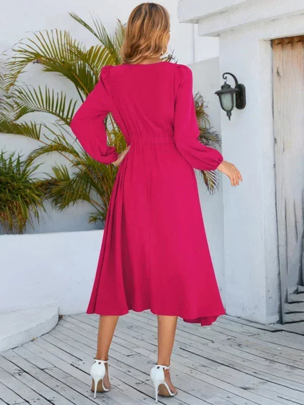Women's High Neck Midi Dress with Long Sleeves and Flared Skirt