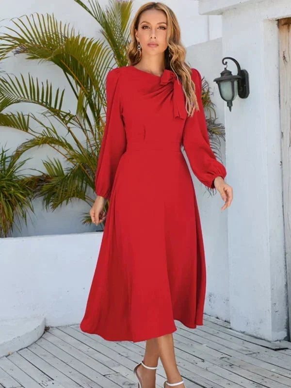 Women's High Neck Midi Dress with Long Sleeves and Flared Skirt