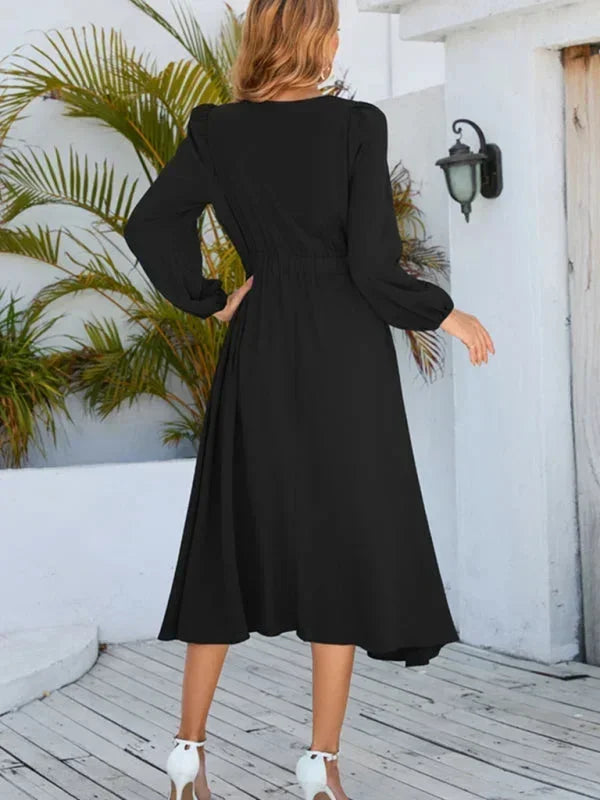 Women's High Neck Midi Dress with Long Sleeves and Flared Skirt