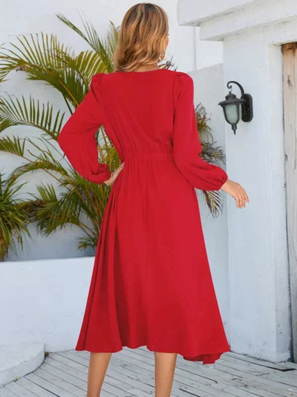Women's High Neck Midi Dress with Long Sleeves and Flared Skirt