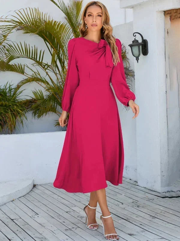 Women's High Neck Midi Dress with Long Sleeves and Flared Skirt