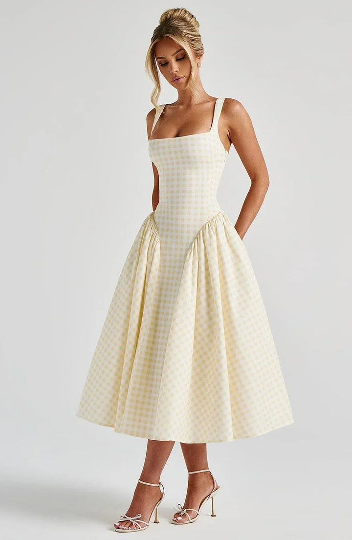 Women's Wedding Guest Midi Dress with Wide Straps and Fit Flare Skirt