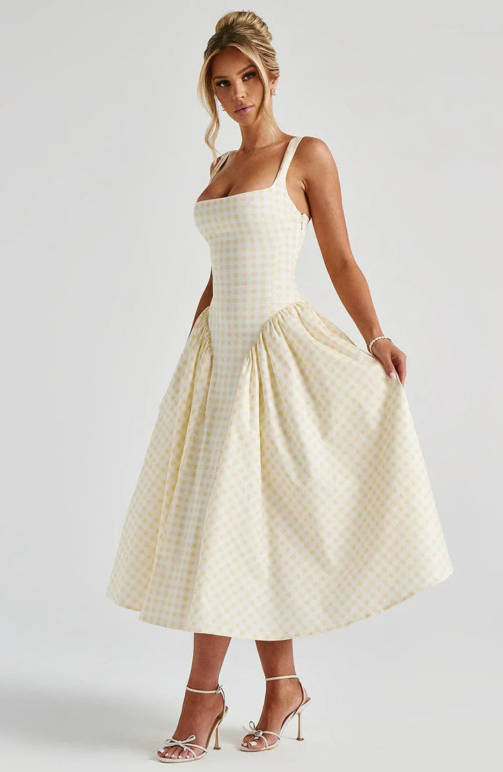 Women's Wedding Guest Midi Dress with Wide Straps and Fit Flare Skirt