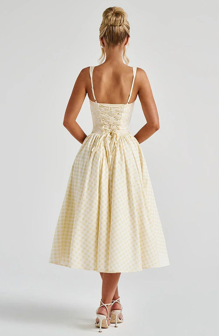 Women's Wedding Guest Midi Dress with Wide Straps and Fit Flare Skirt