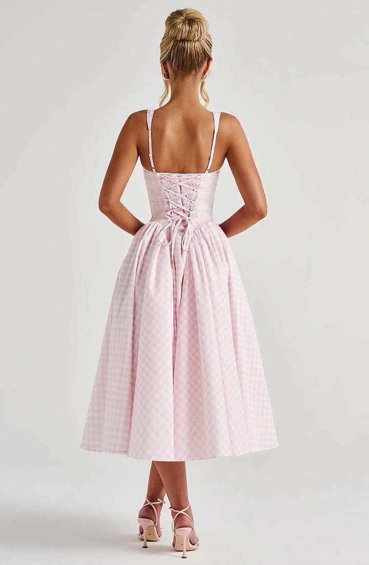 Women's Wedding Guest Midi Dress with Wide Straps and Fit Flare Skirt