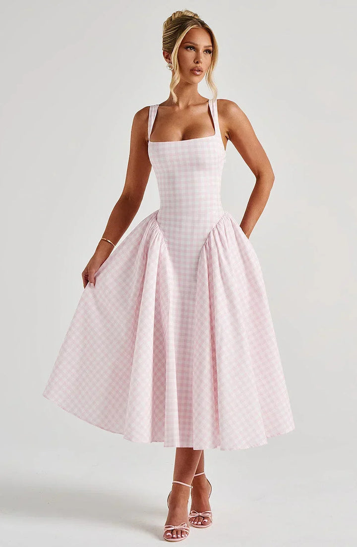 Women's Wedding Guest Midi Dress with Wide Straps and Fit Flare Skirt