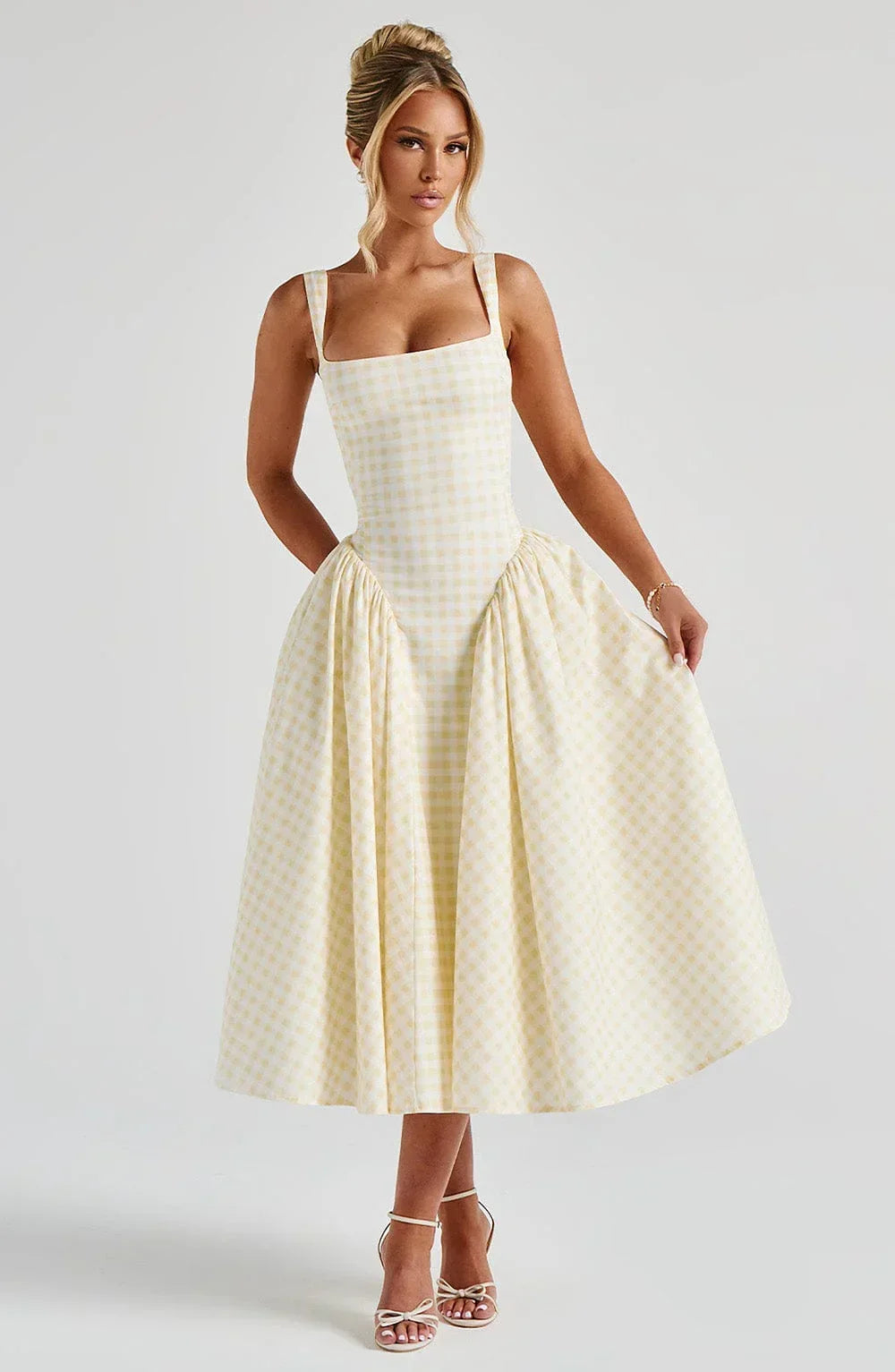Women's Wedding Guest Midi Dress with Wide Straps and Fit Flare Skirt