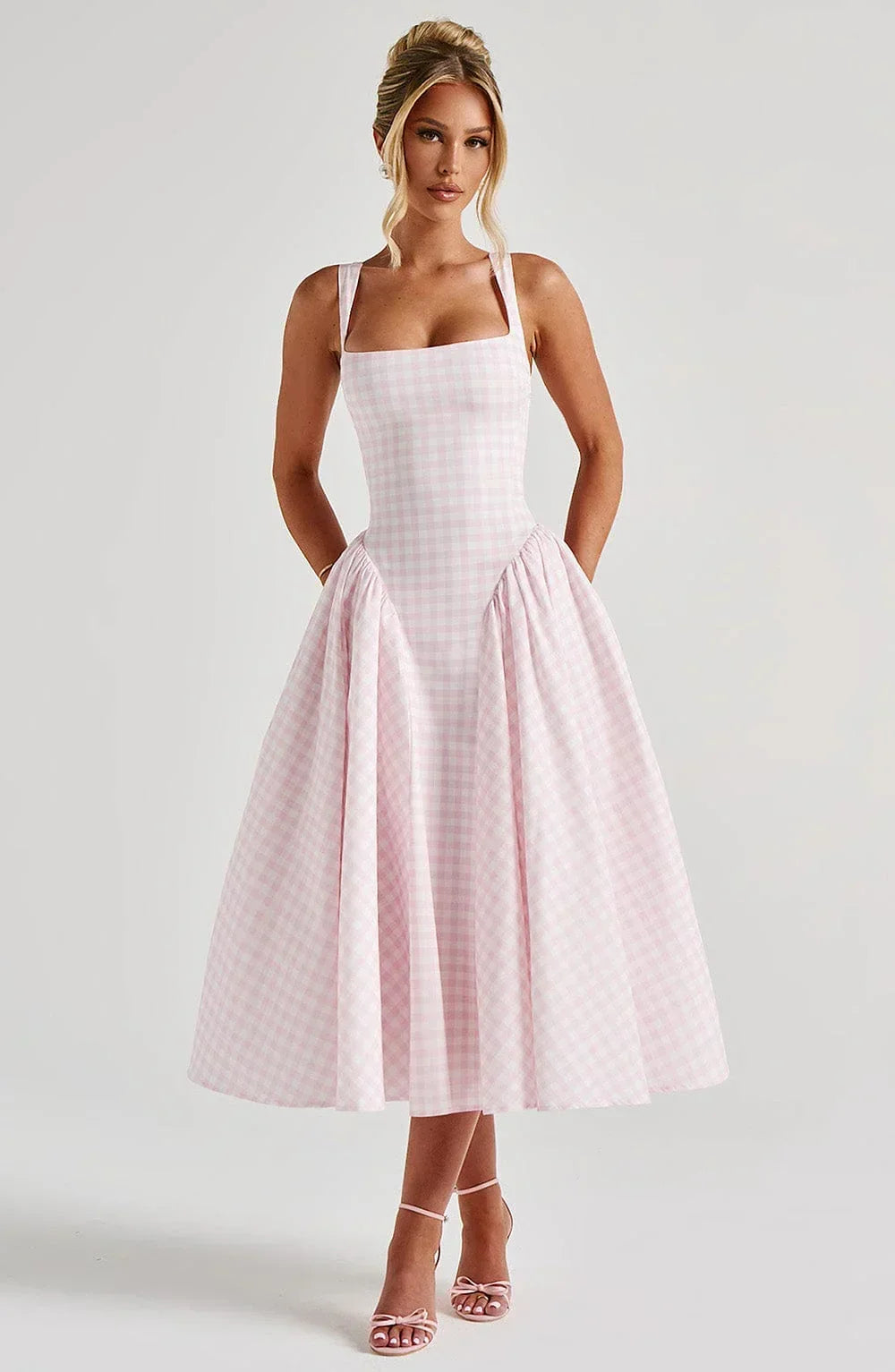 Women's Wedding Guest Midi Dress with Wide Straps and Fit Flare Skirt