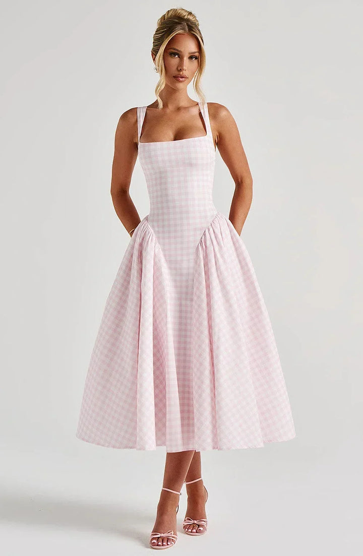Women's Wedding Guest Midi Dress with Wide Straps and Fit Flare Skirt