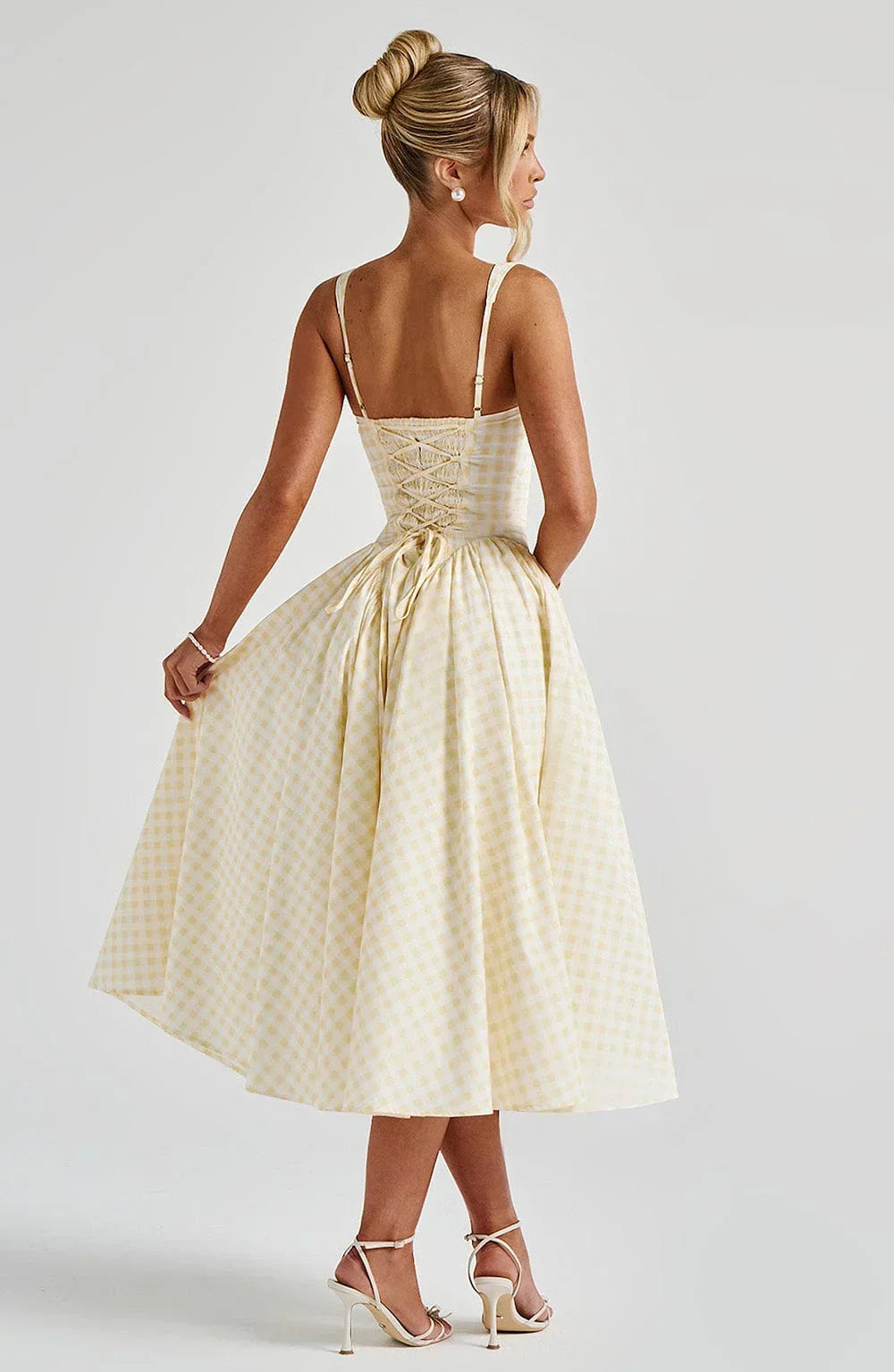 Women's Wedding Guest Midi Dress with Wide Straps and Fit Flare Skirt