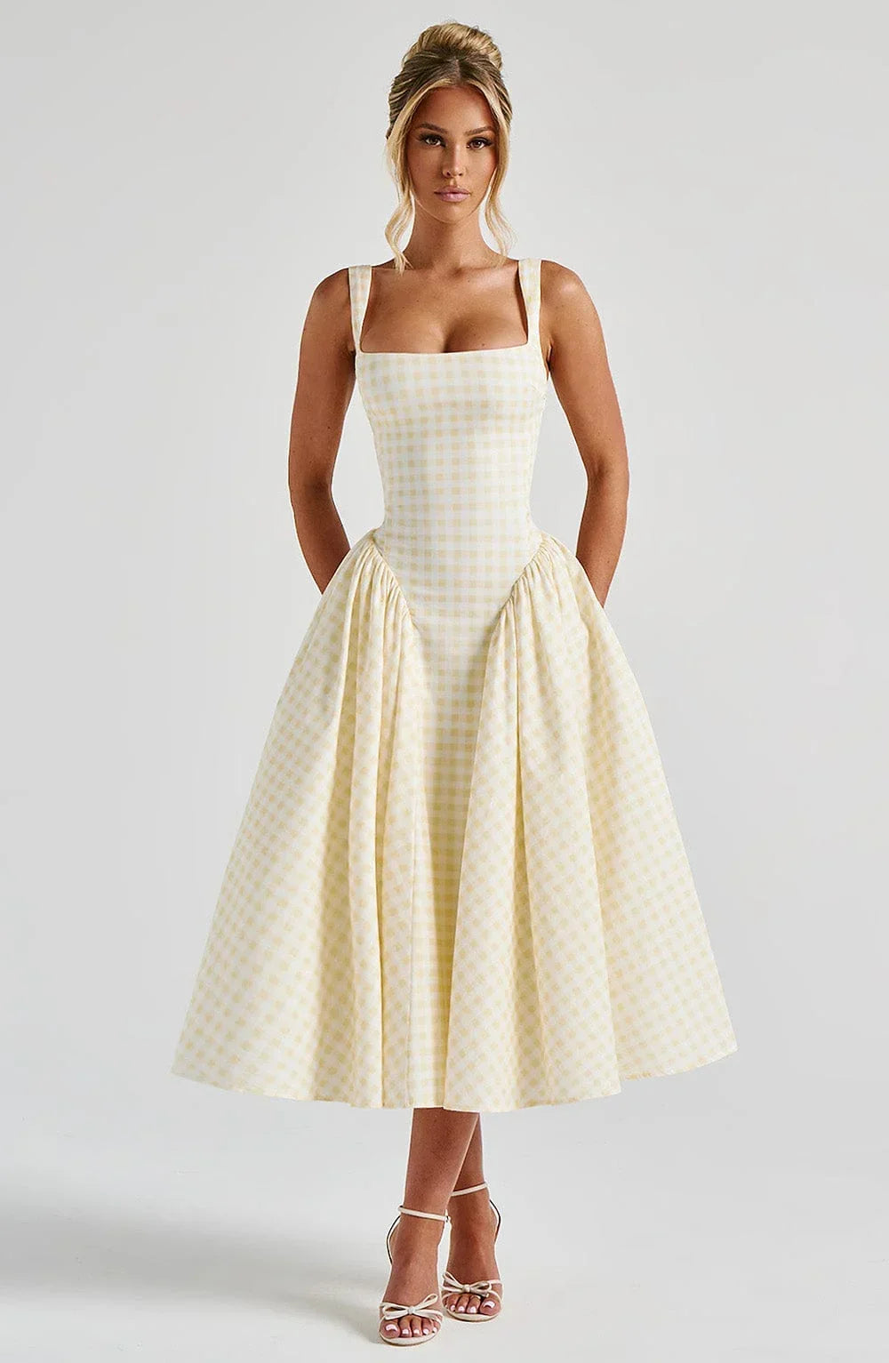 Women's Wedding Guest Midi Dress with Wide Straps and Fit Flare Skirt