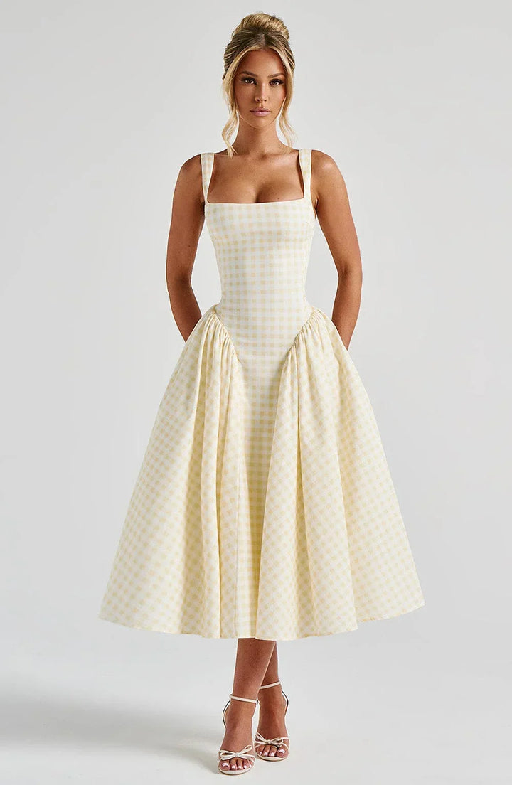 Women's Wedding Guest Midi Dress with Wide Straps and Fit Flare Skirt