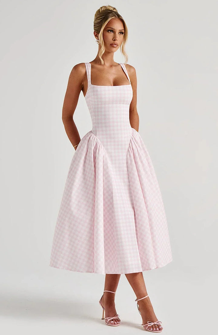Women's Wedding Guest Midi Dress with Wide Straps and Fit Flare Skirt