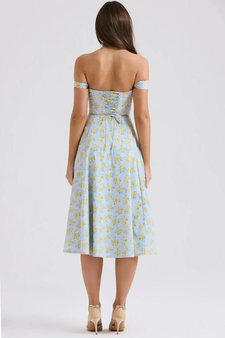 Women's Floral Midi Dress with Sweetheart Neckline and Fit and Flare Skirt