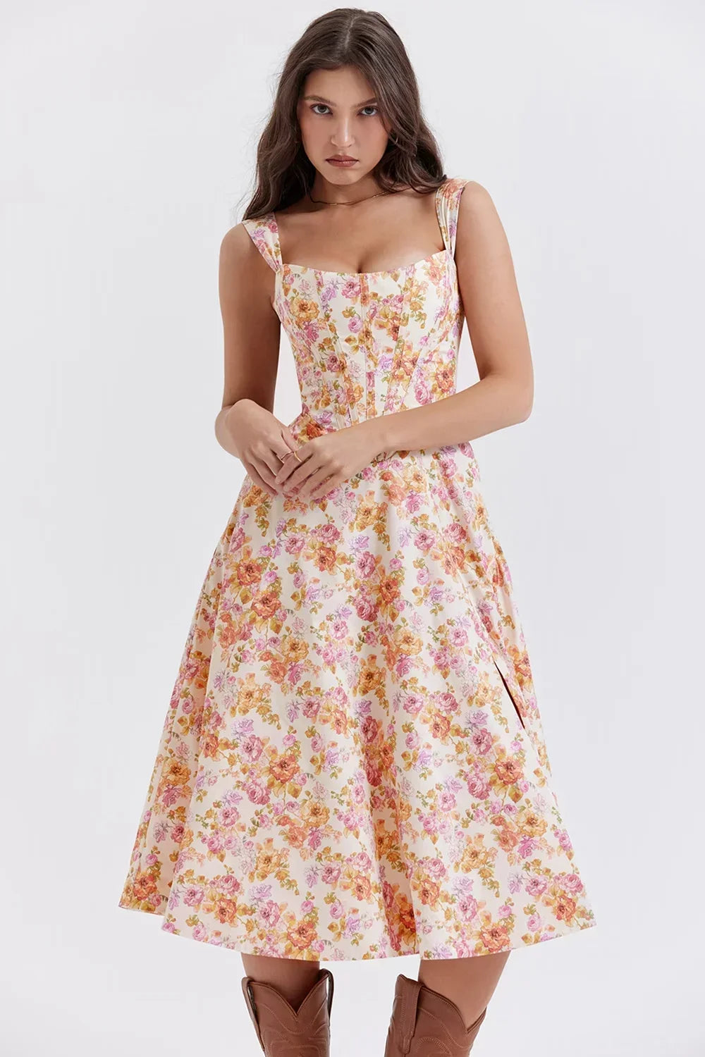 Women's Floral Midi Dress with Sweetheart Neckline and Fit and Flare Skirt