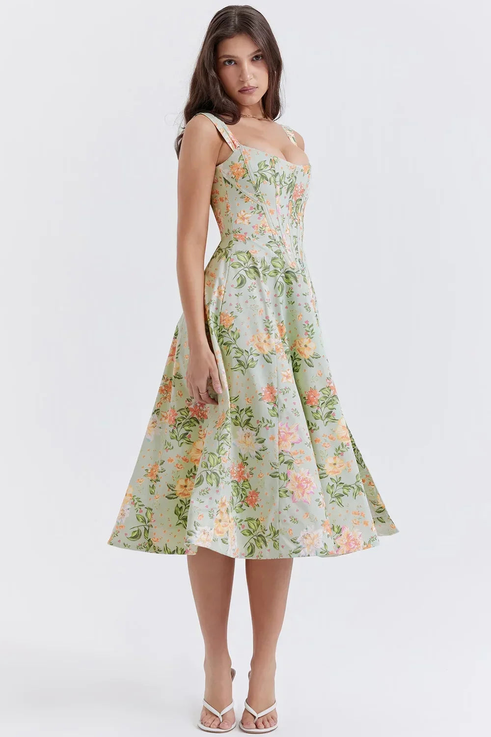 Women's Floral Midi Dress with Sweetheart Neckline and Fit and Flare Skirt
