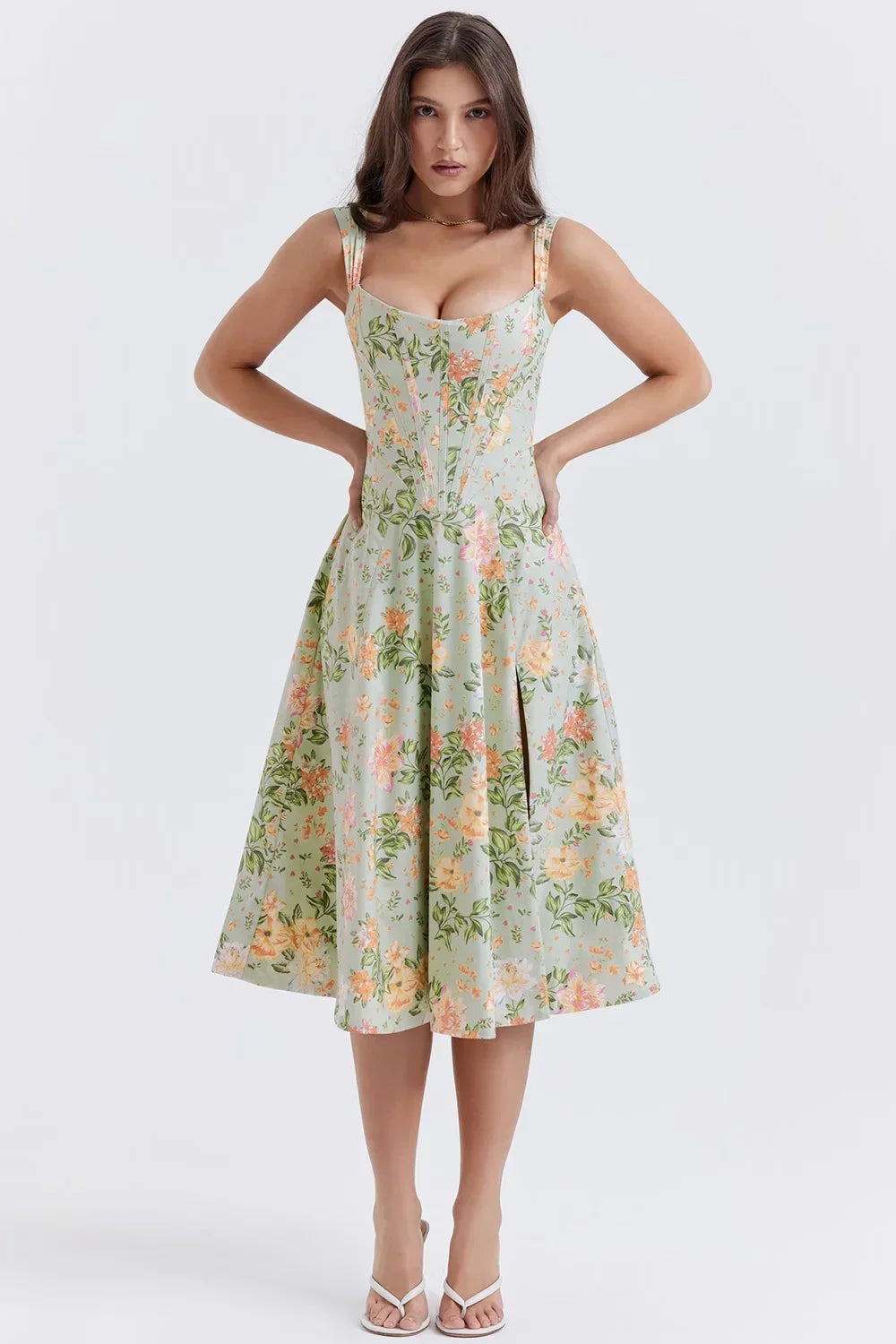 Women's Floral Midi Dress with Sweetheart Neckline and Fit and Flare Skirt