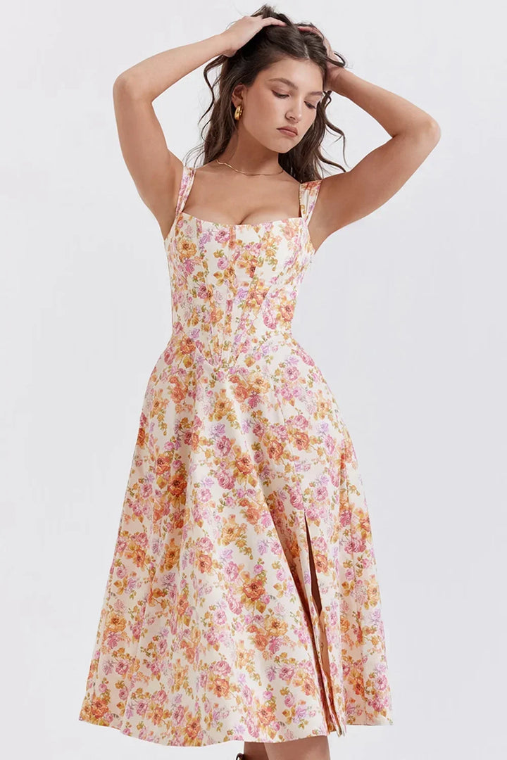 Women's Floral Midi Dress with Sweetheart Neckline and Fit and Flare Skirt