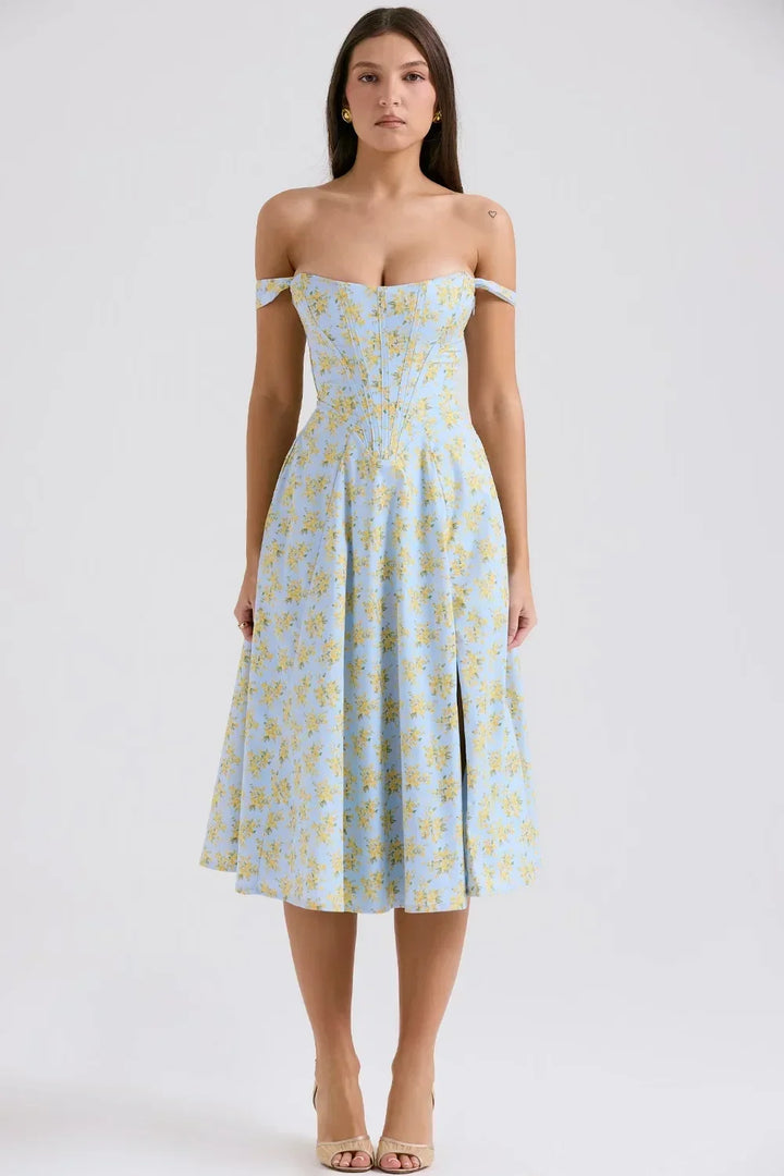 Women's Floral Midi Dress with Sweetheart Neckline and Fit and Flare Skirt